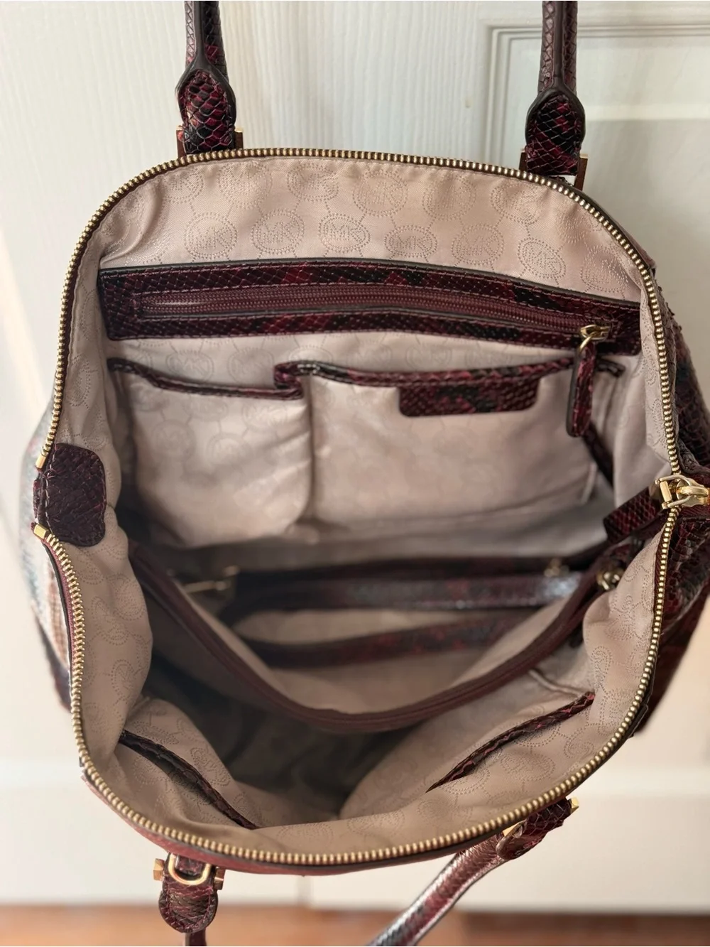 Michael Kors Maroon Leather Satchel with Snake-Effect Panels